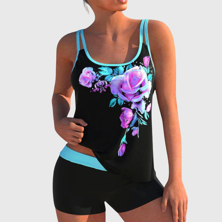 Flor – Tankini kwiatowy z szortami, efekt wyszczuplający brzuch