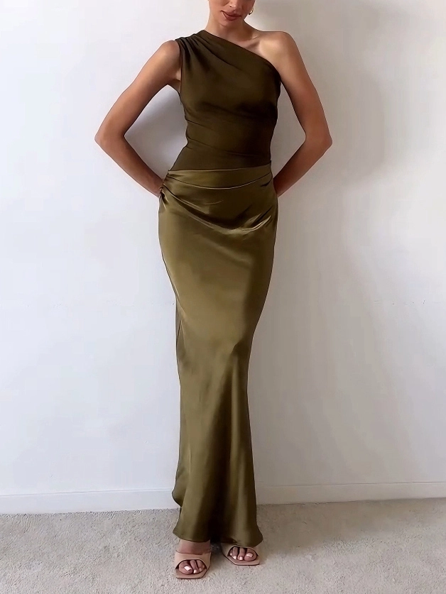 Laura | Elegancka sukienka maxi imprezowa z odkrytym ramieniem i marszczeniami