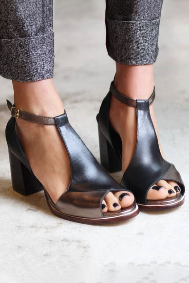 Nadaria | Czarne sandały peep toe z patchworku na obcasie