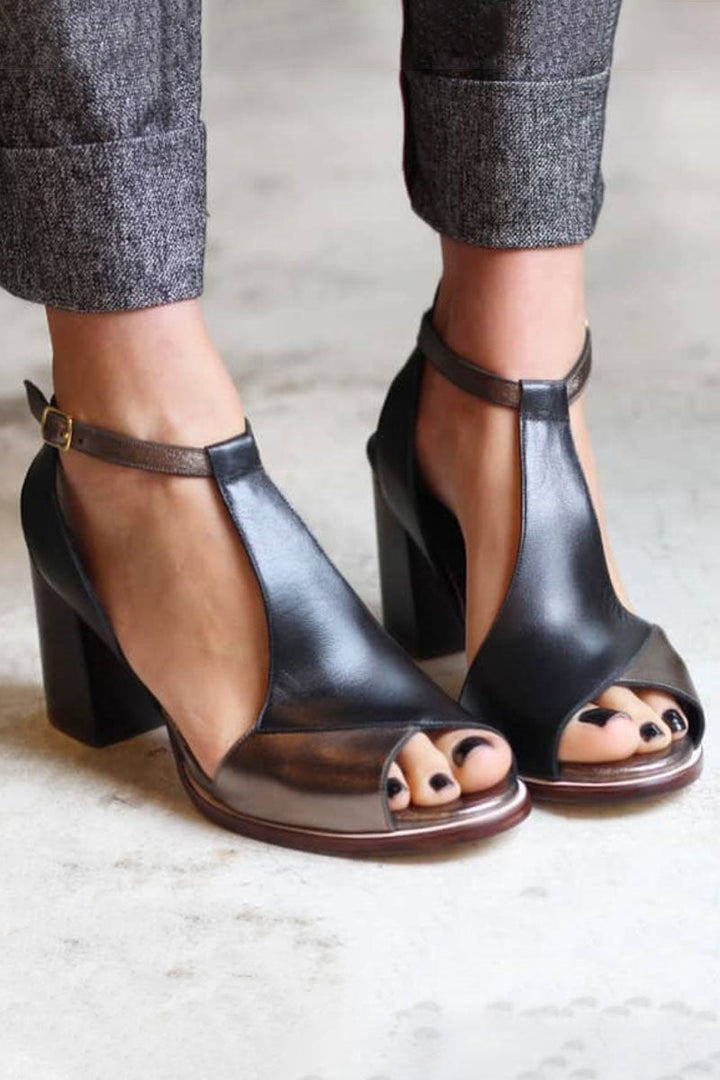 Nadaria | Czarne sandały peep toe z patchworku na obcasie