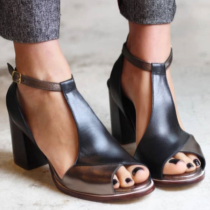 Nadaria | Czarne sandały peep toe z patchworku na obcasie