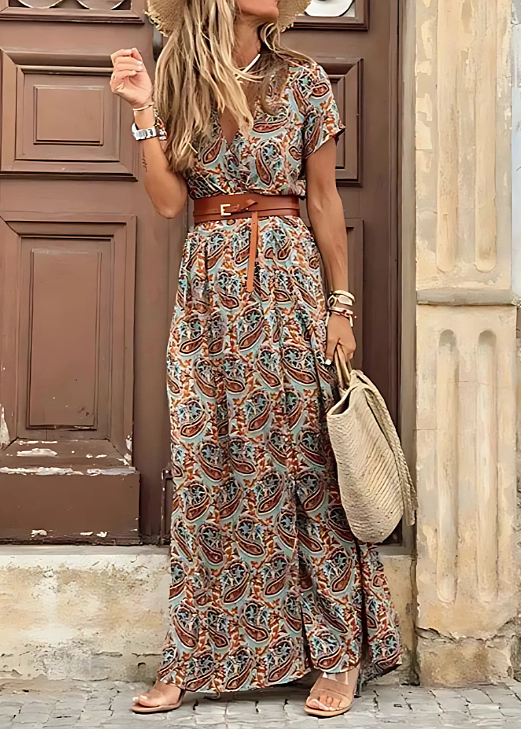 Romy | Długa sukienka boho z marszczoną talią