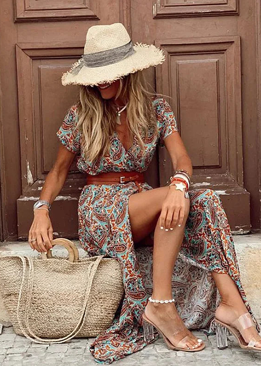 Romy | Długa sukienka boho z marszczoną talią