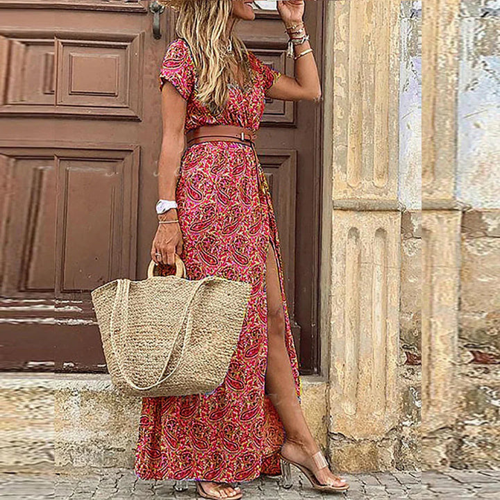 Romy | Długa sukienka boho z marszczoną talią