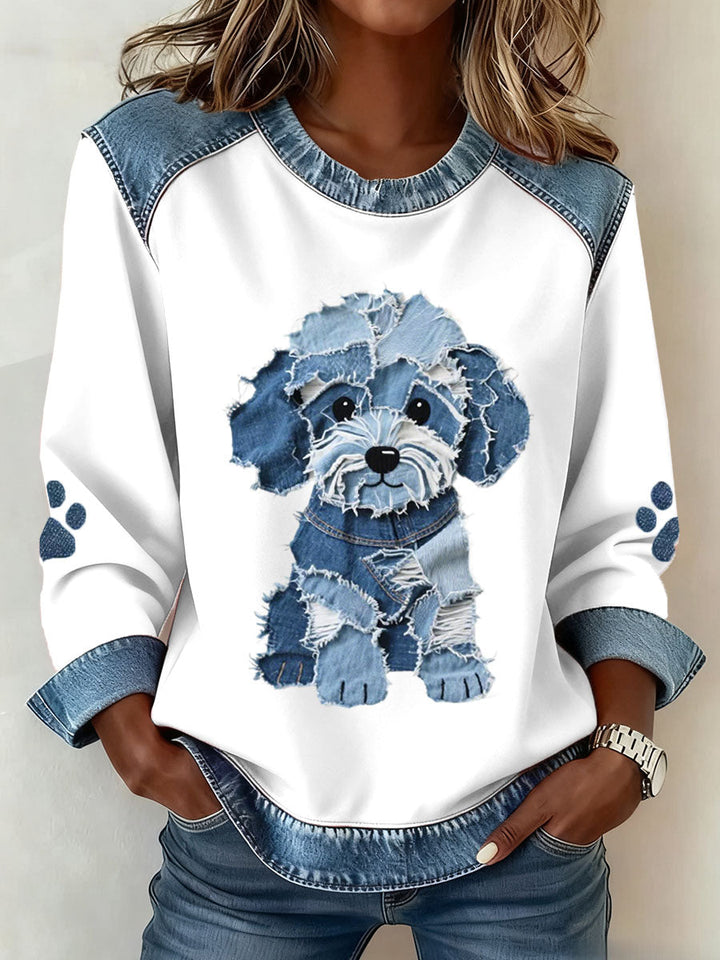 Luz™ | Bluza typu Patchwork z Denimu z Futrzanym Psem