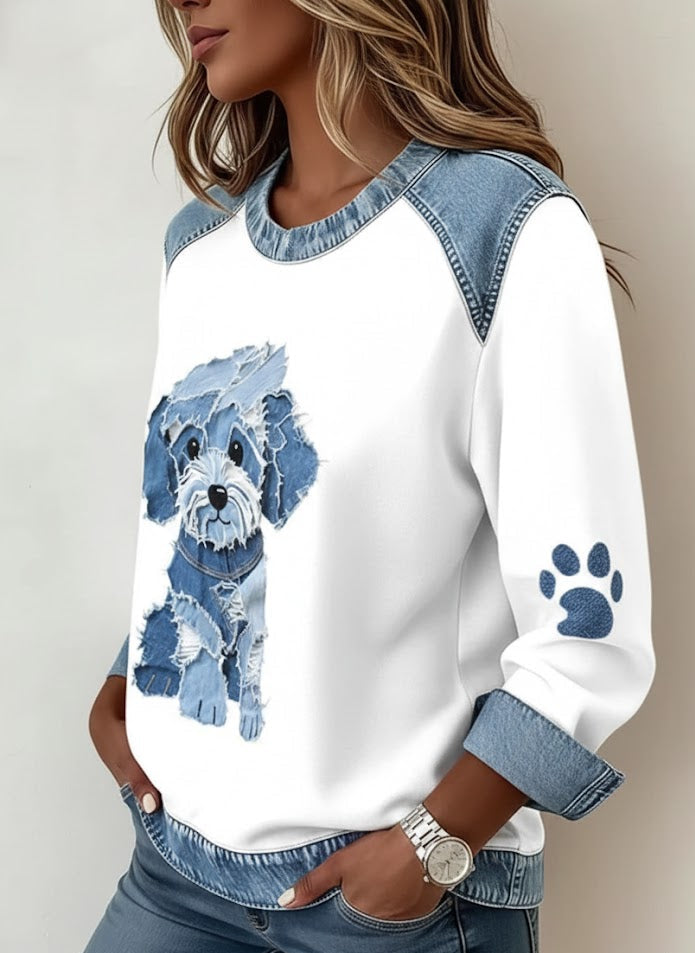 Luz™ | Bluza typu Patchwork z Denimu z Futrzanym Psem